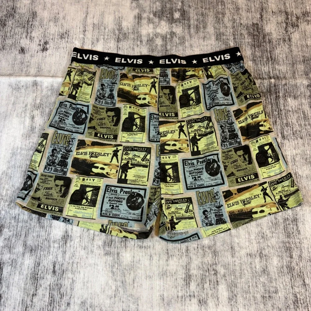 Elvis Presley Mens Vintage Newspaper Print Cotton Boxer Shorts Large Black Green